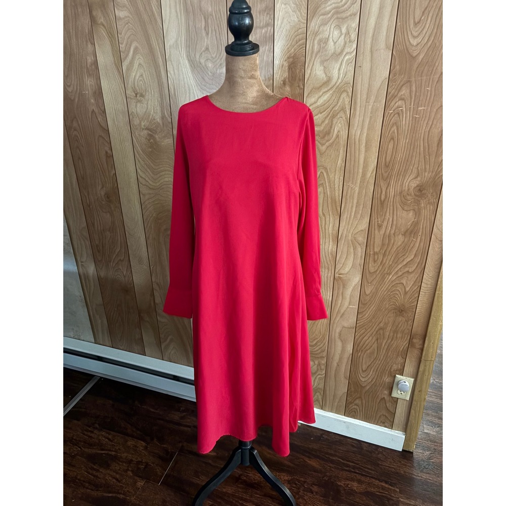 WUKOgals‎ Red Long Sleeve Crepe Midi Dress Modest Gold Button Cuff Womens Small